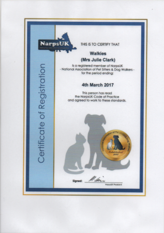 “Walkies” Dog Walking Services 07515 340 971 - Certificate 1